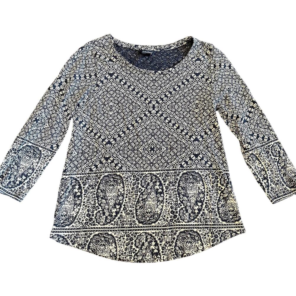 Lucky Brand Womens navy blue white pattern jersey top Size medium